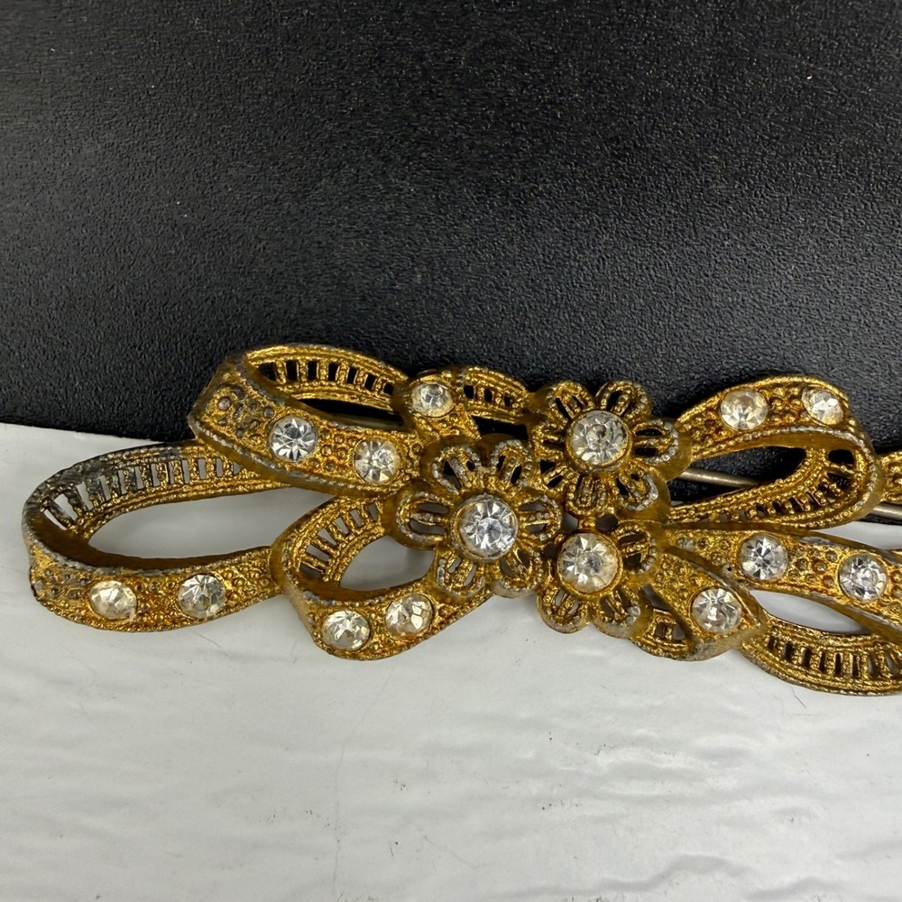 Vintage Estate Brooch Gold Tone Potmetal Rhinestone Bow Floral Pin